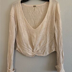 Free People Cream V-Neck Knotted Cropped Sweater
